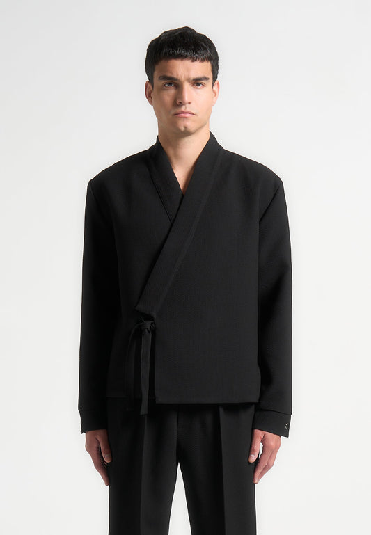 Textured Kimono Wrap Jacket - Black